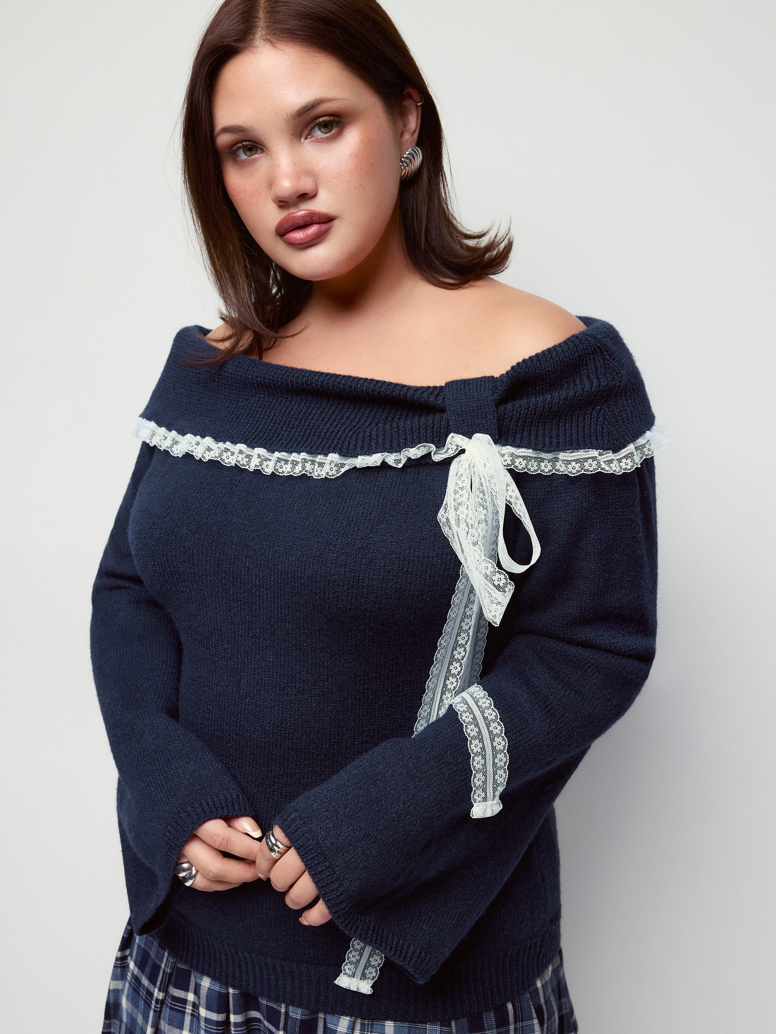 Knit Fabric Off-shoulder Solid Long Sleeve Sweater Curve & Plus