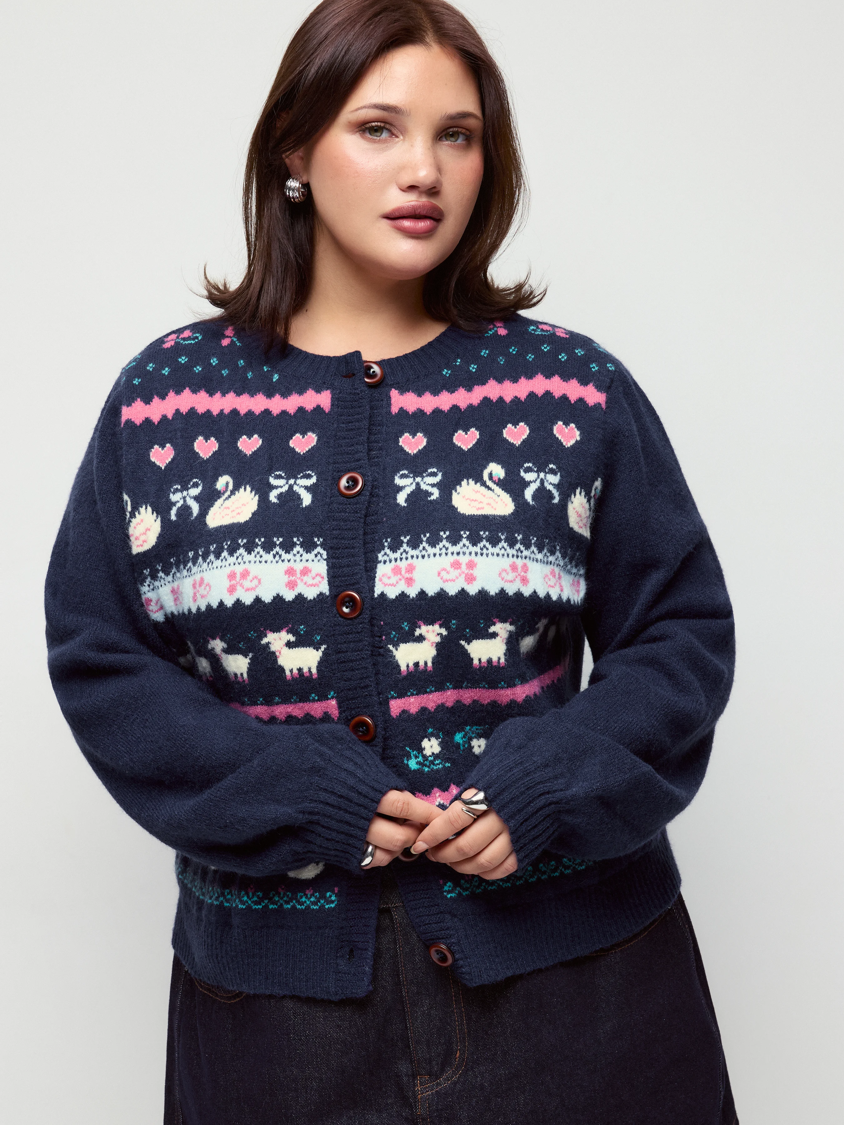 Knit Swan & Animal Graphic Lantern Sleeve Cardigan Curve & Plus