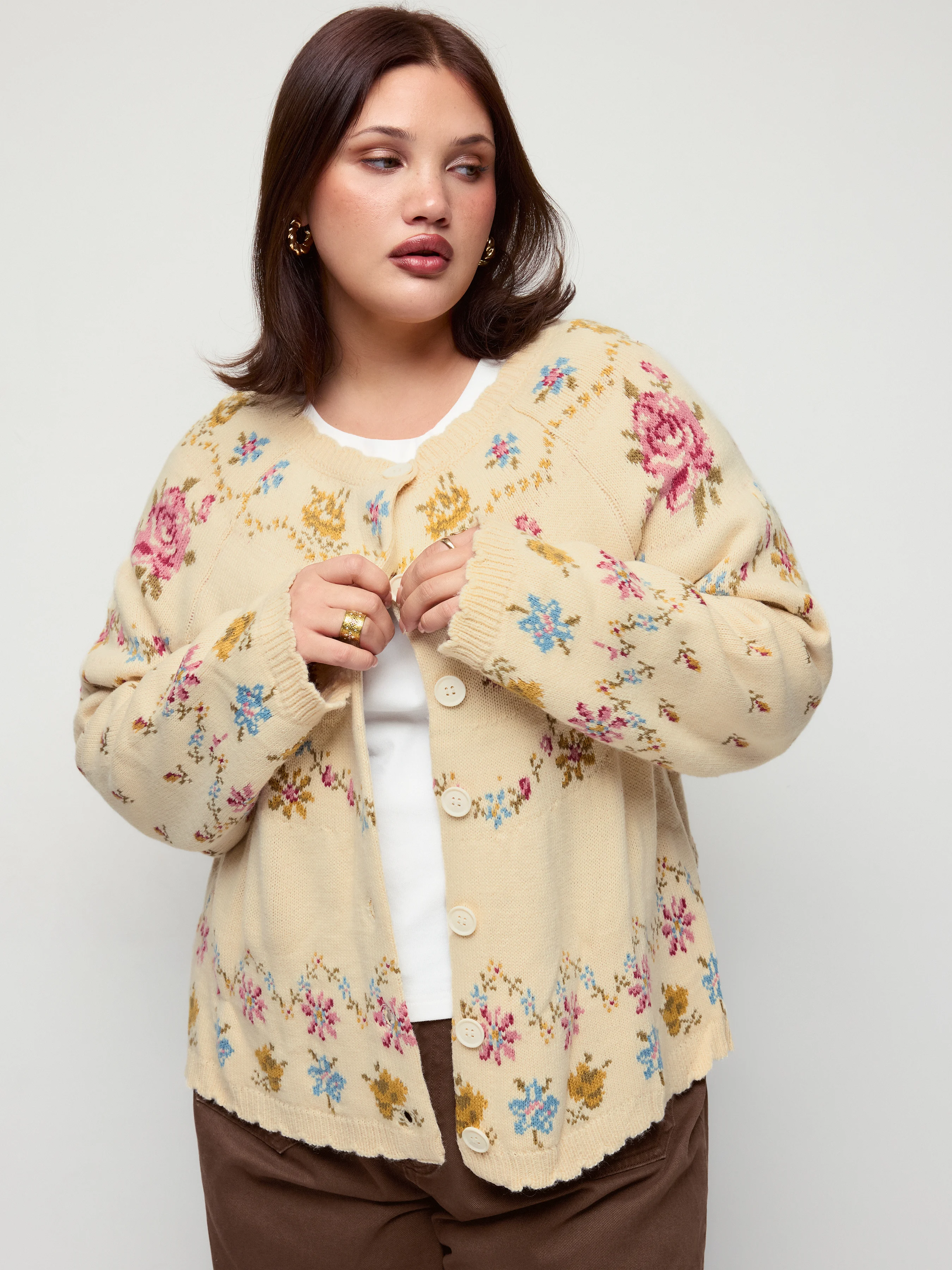 Knit Floral Round Neck Long Sleeve Oversized Cardigan Curve & Plus