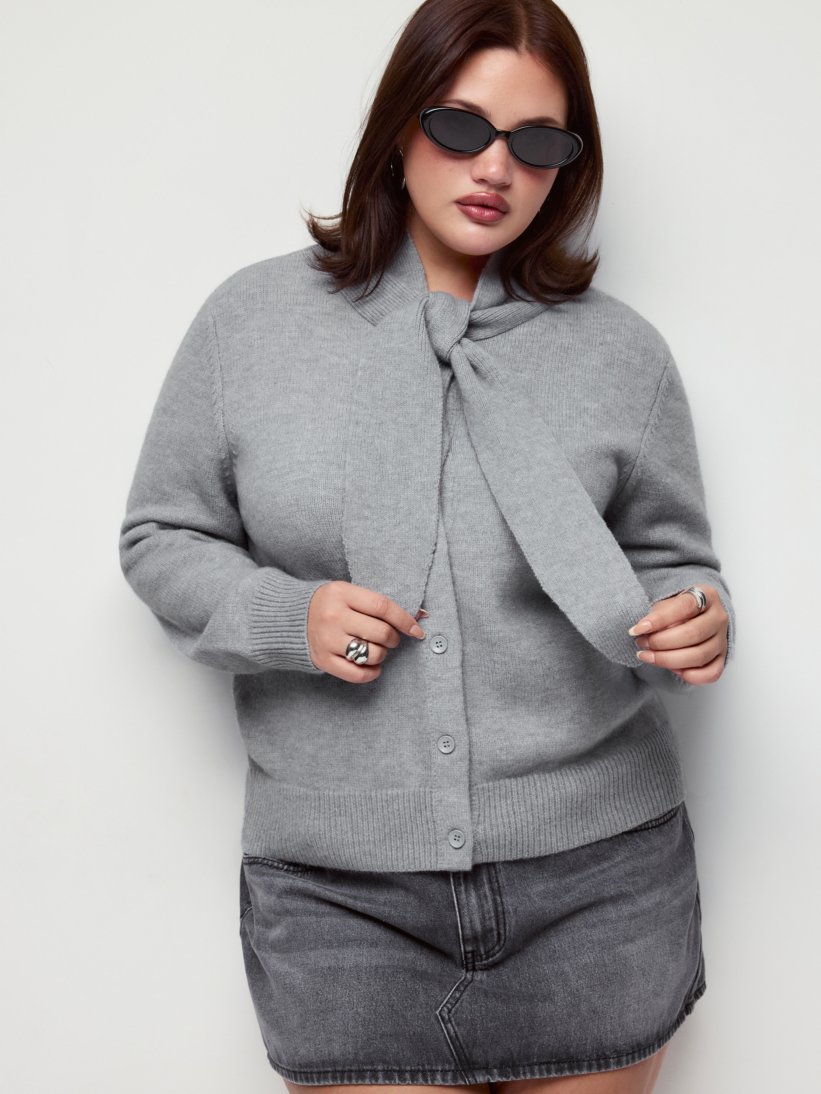 Knit Collar Long Sleeve knotted Button Cardigan Curve & Plus
