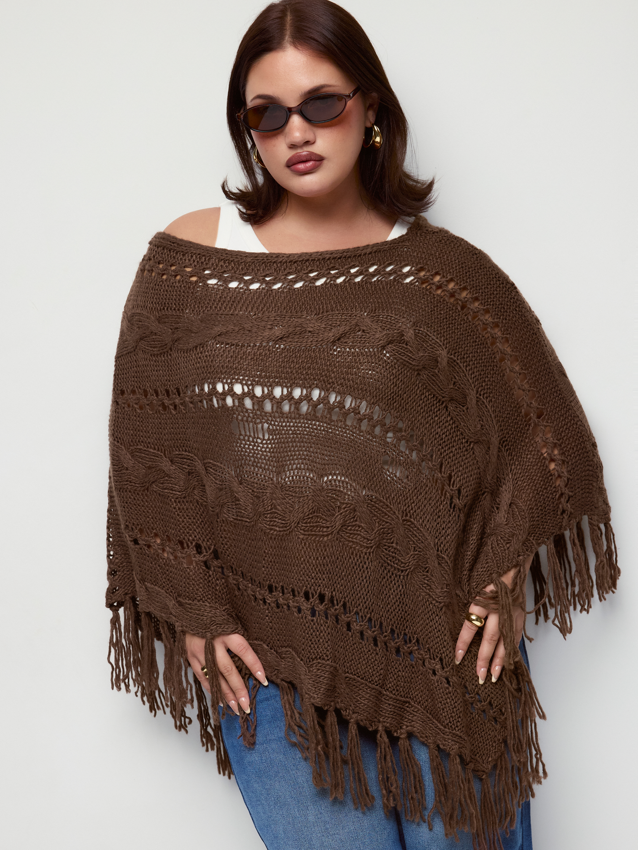 Cable Knit Asymmetrical Neck Hollow Out Fringed Oversized Shrug Curve & Plus