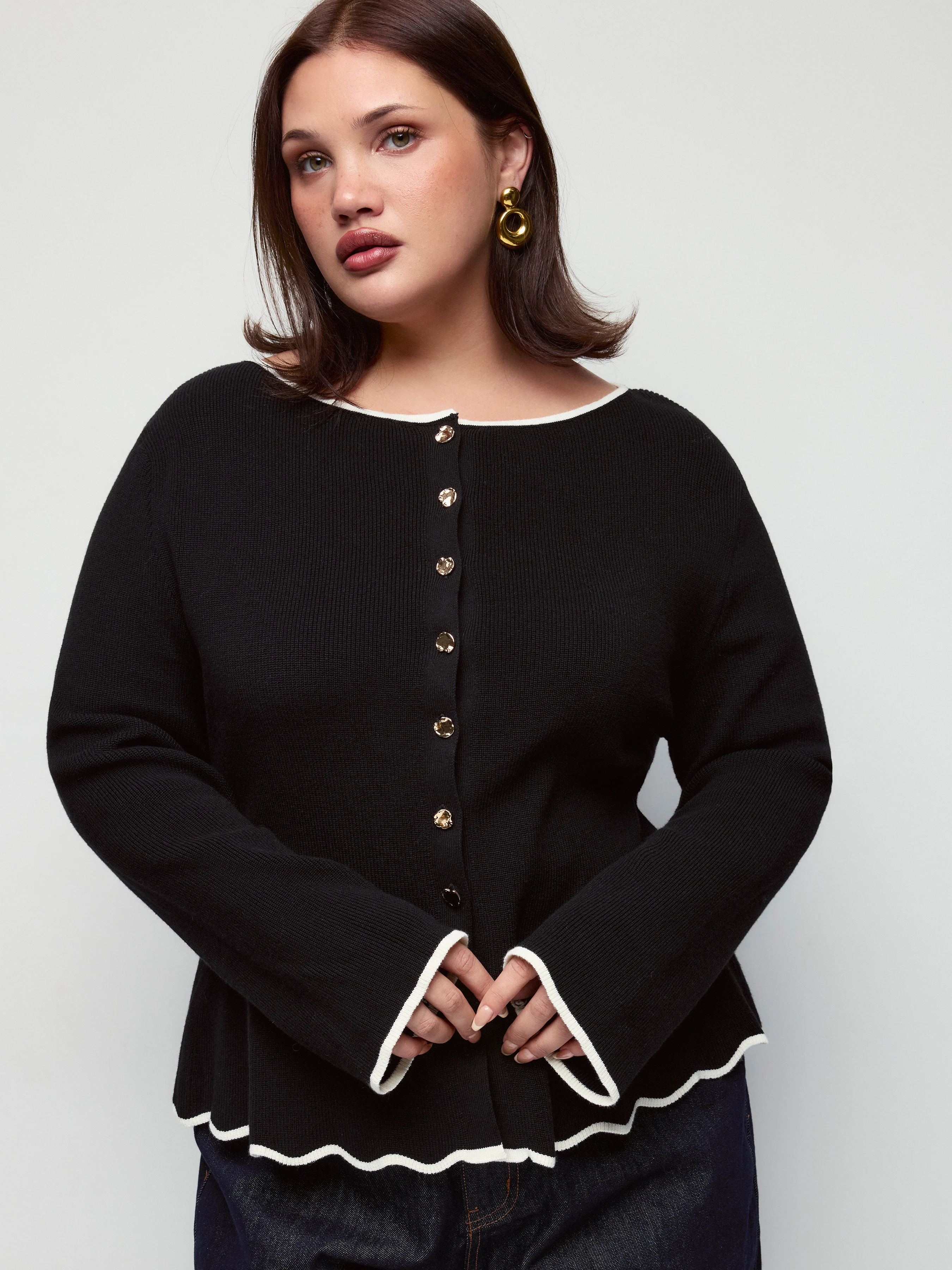 Knit Cotton-blend Contrast Lettuce Trim Metal Detail Cardigan Curve & Plus