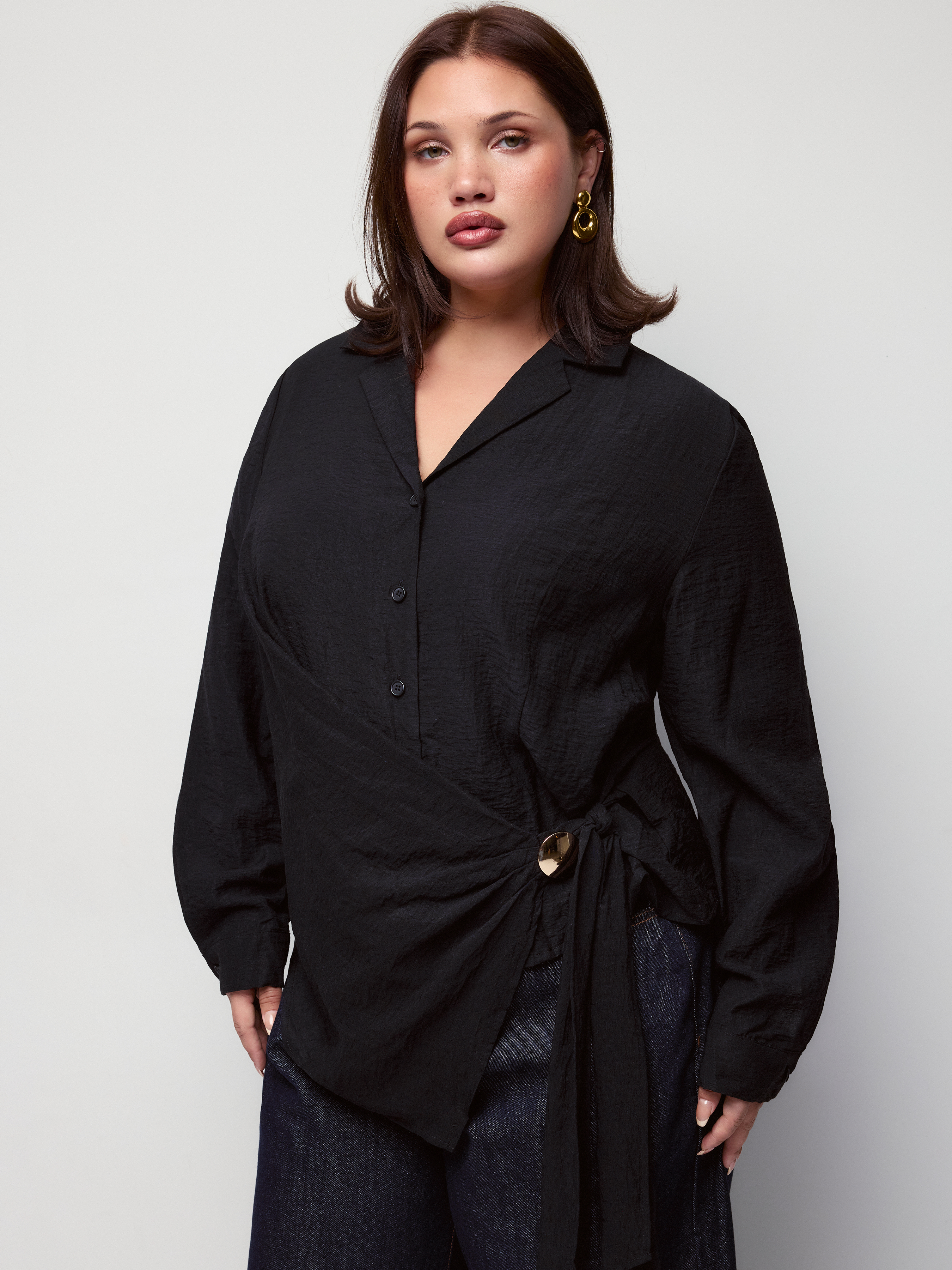 Collar Wrap Metal Detail Ruched Long Sleeve Shirt Curve & Plus