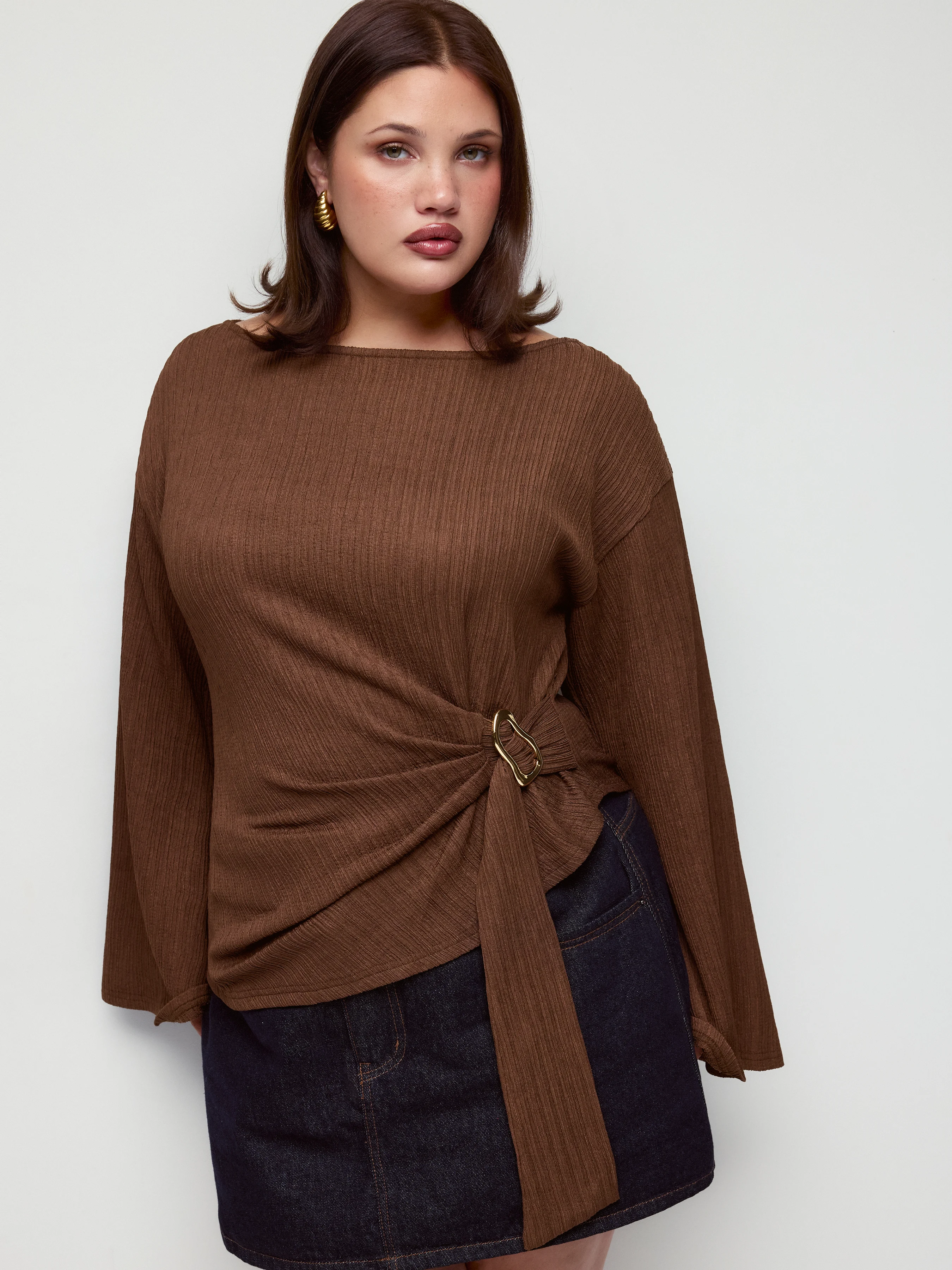 Boat Neck Zebra Striped Belted Bell Sleeve Top Curve & Plus
