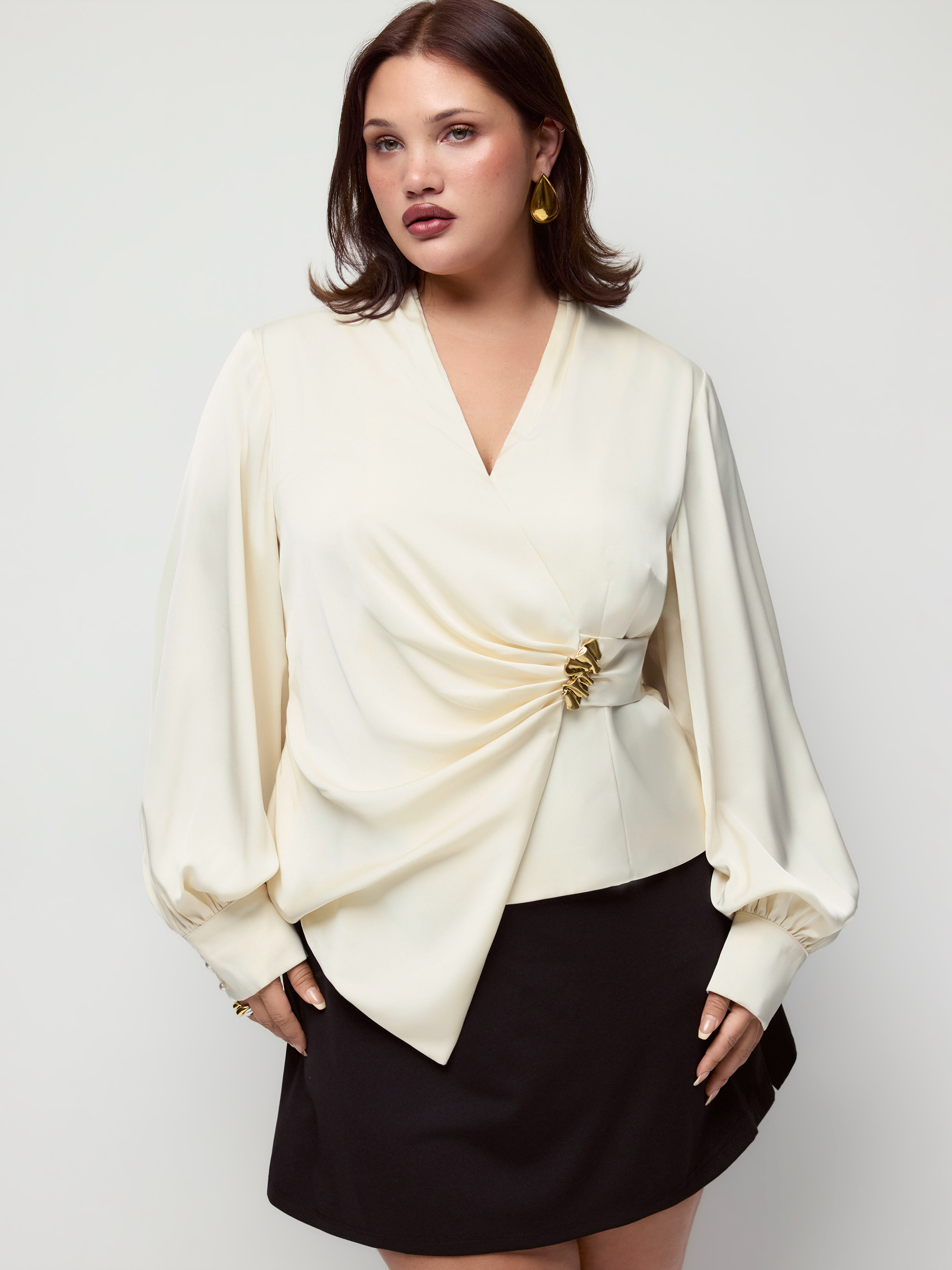 Satin V-neck Long Sleeve Wrap Ruched Metal Detail Blouse Curve & Plus