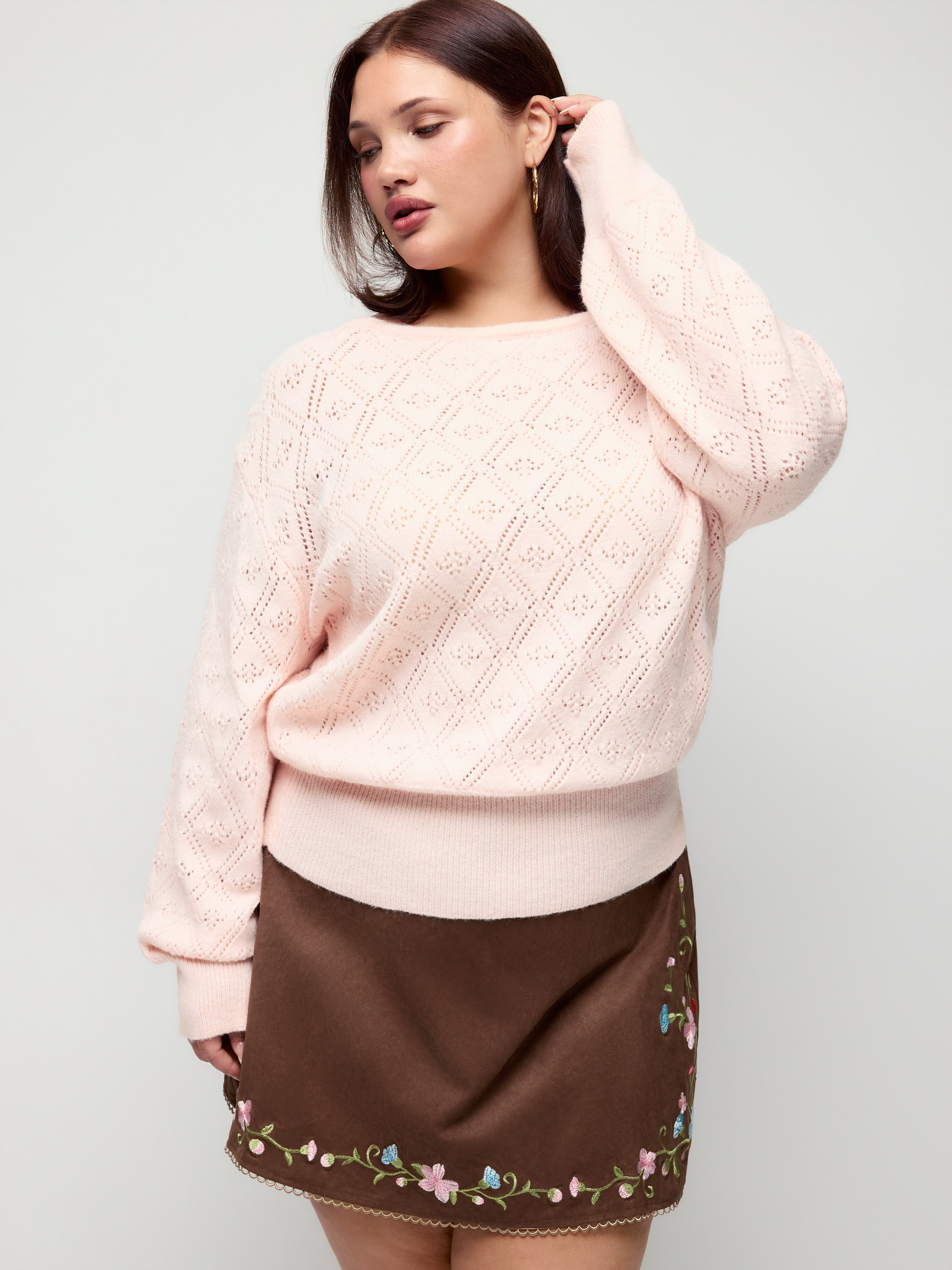 Two Way Knit Boat Neck Pointelle Oversized Long Sleeve Top Curve & Plus
