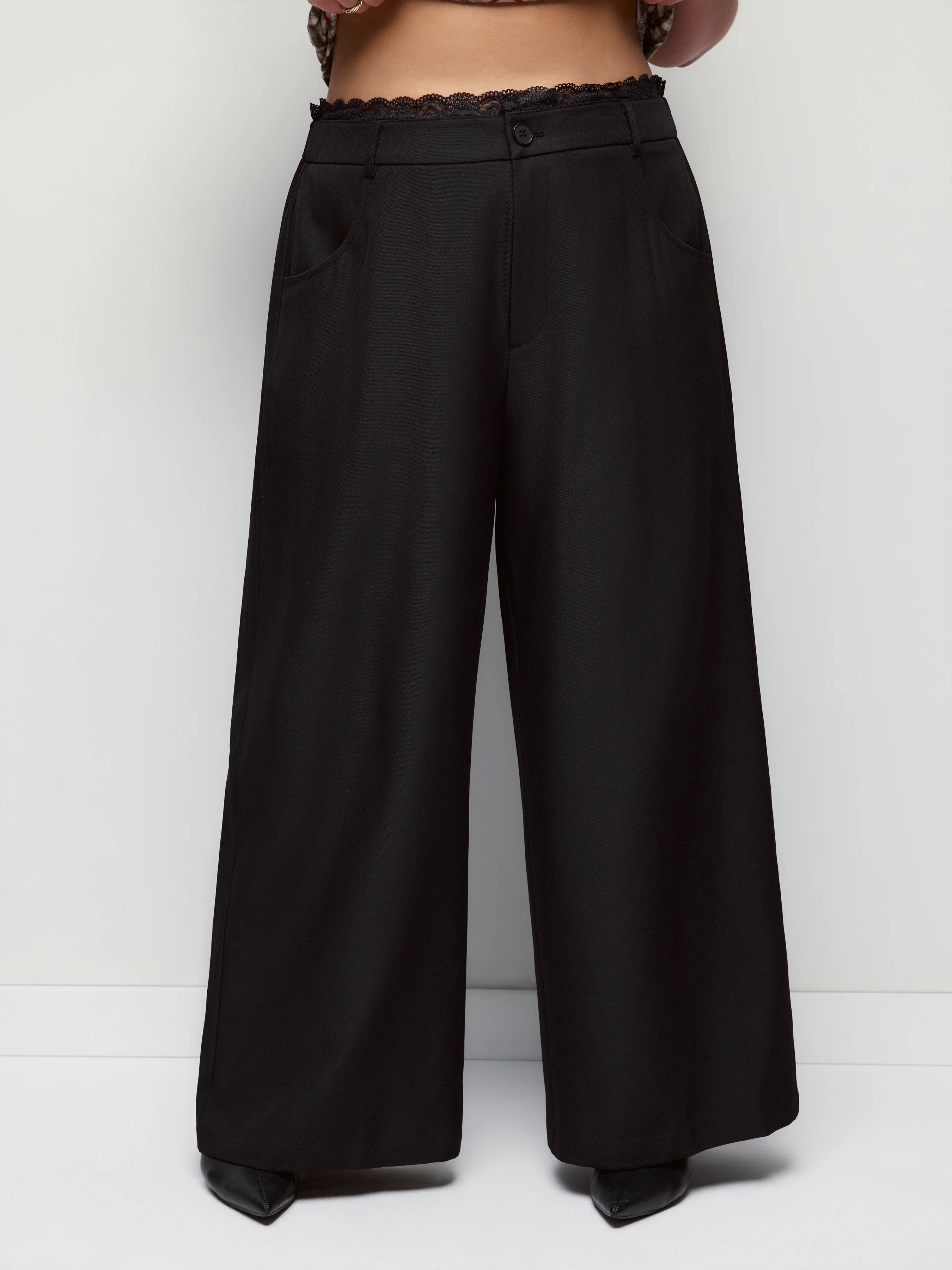 Lace Trimmed Low Rise Wide Leg Trousers Curve & Plus