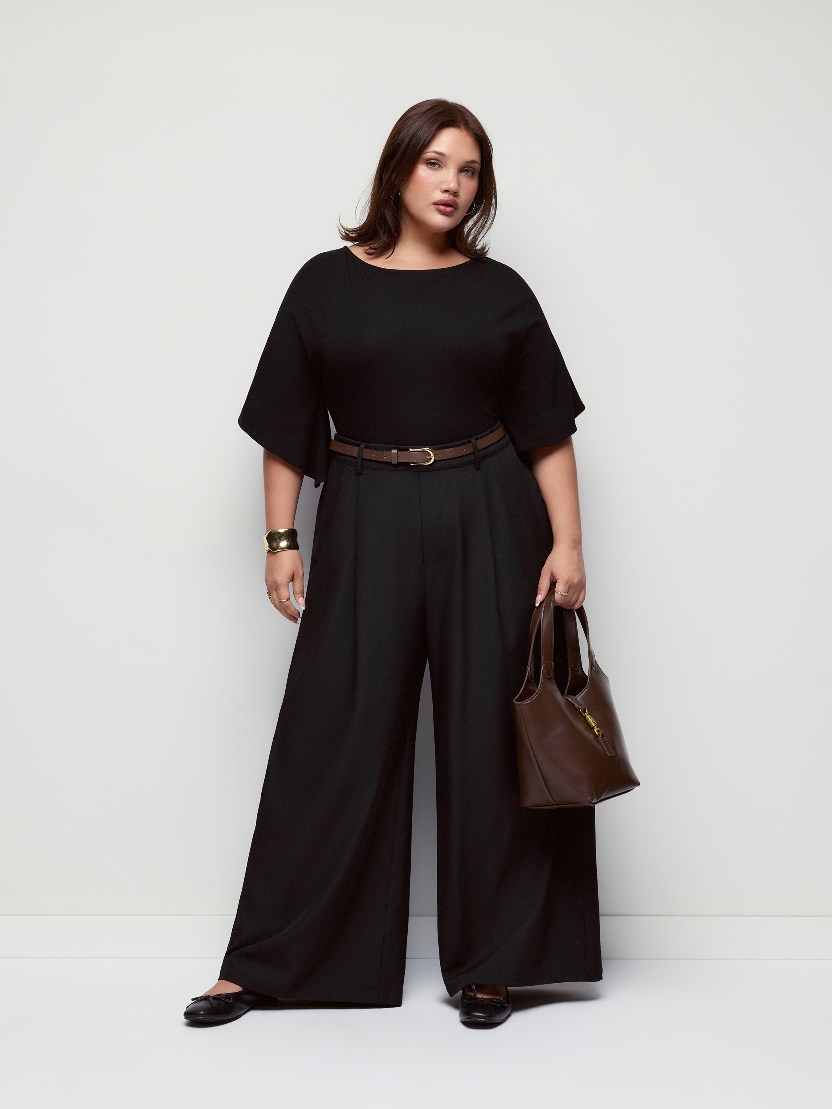 Cotton-blend Boat Neck Bell Sleeve Mid Rise Wide Leg Jumpsuit With Belt Curve & Plus