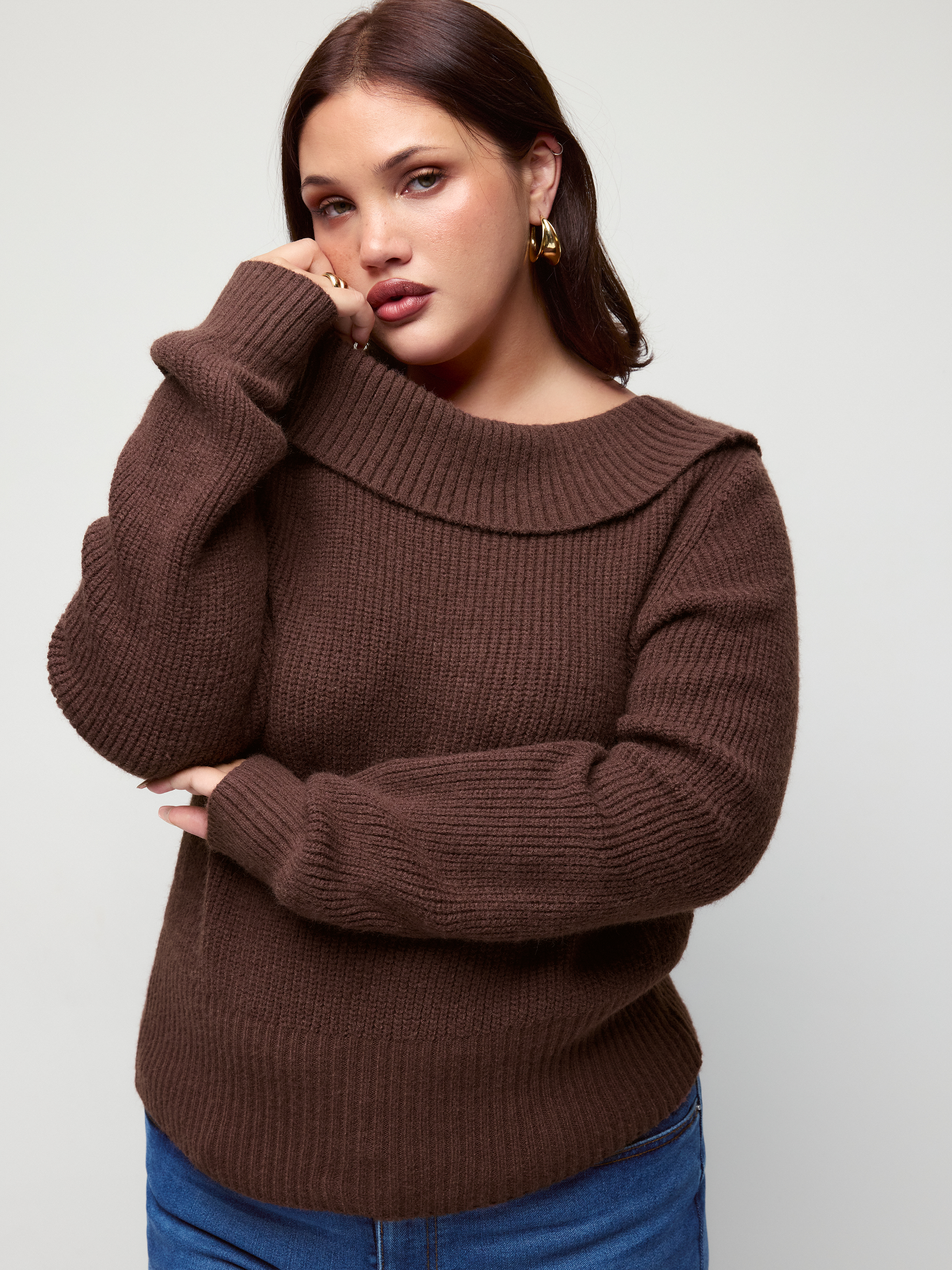 Knit Boat Neck Backless Chain Detail Long Sleeve Top Curve & Plus