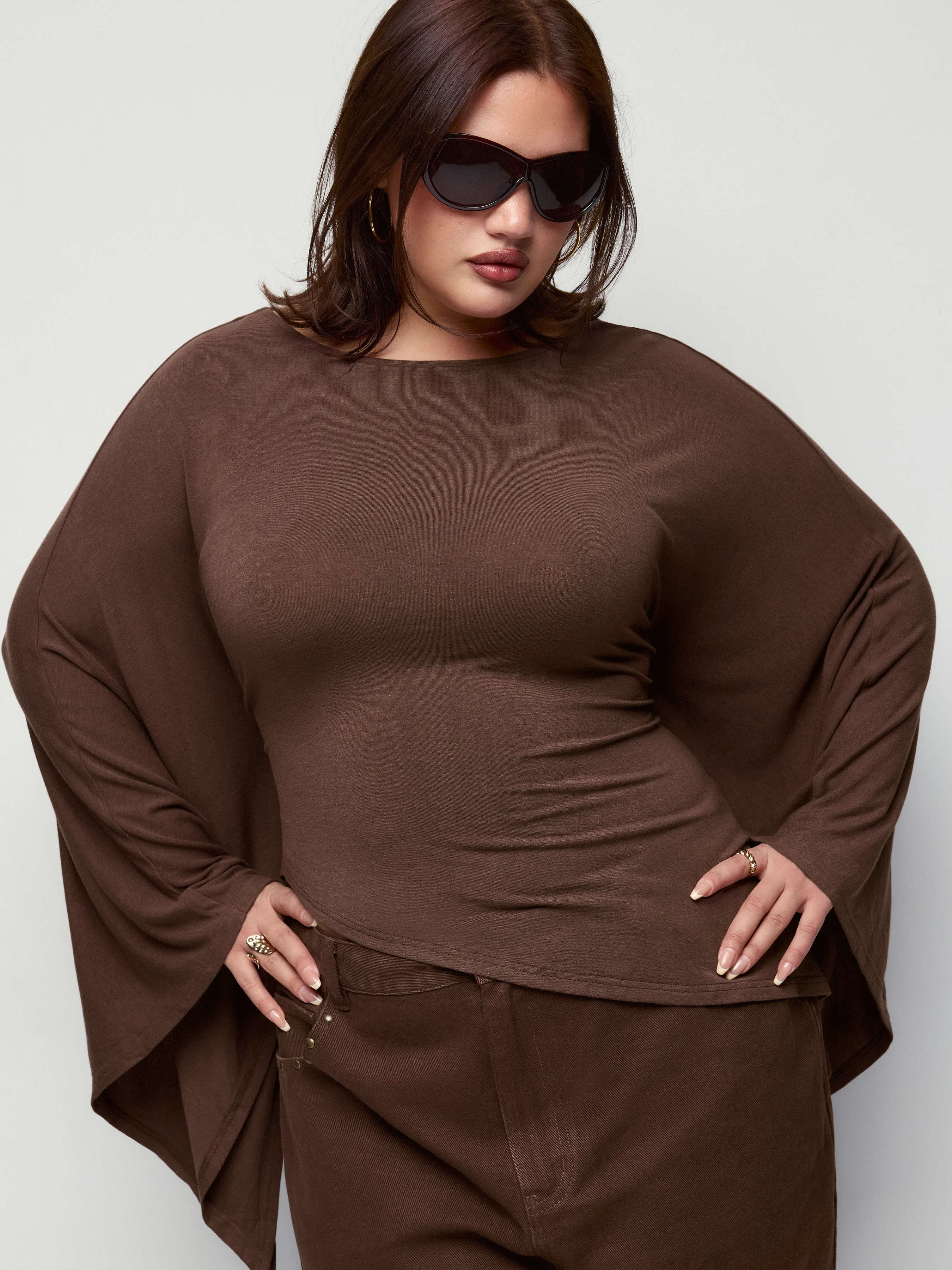Boat Neck Batwing Long Sleeve Asymmetrical Blouse Curve & Plus
