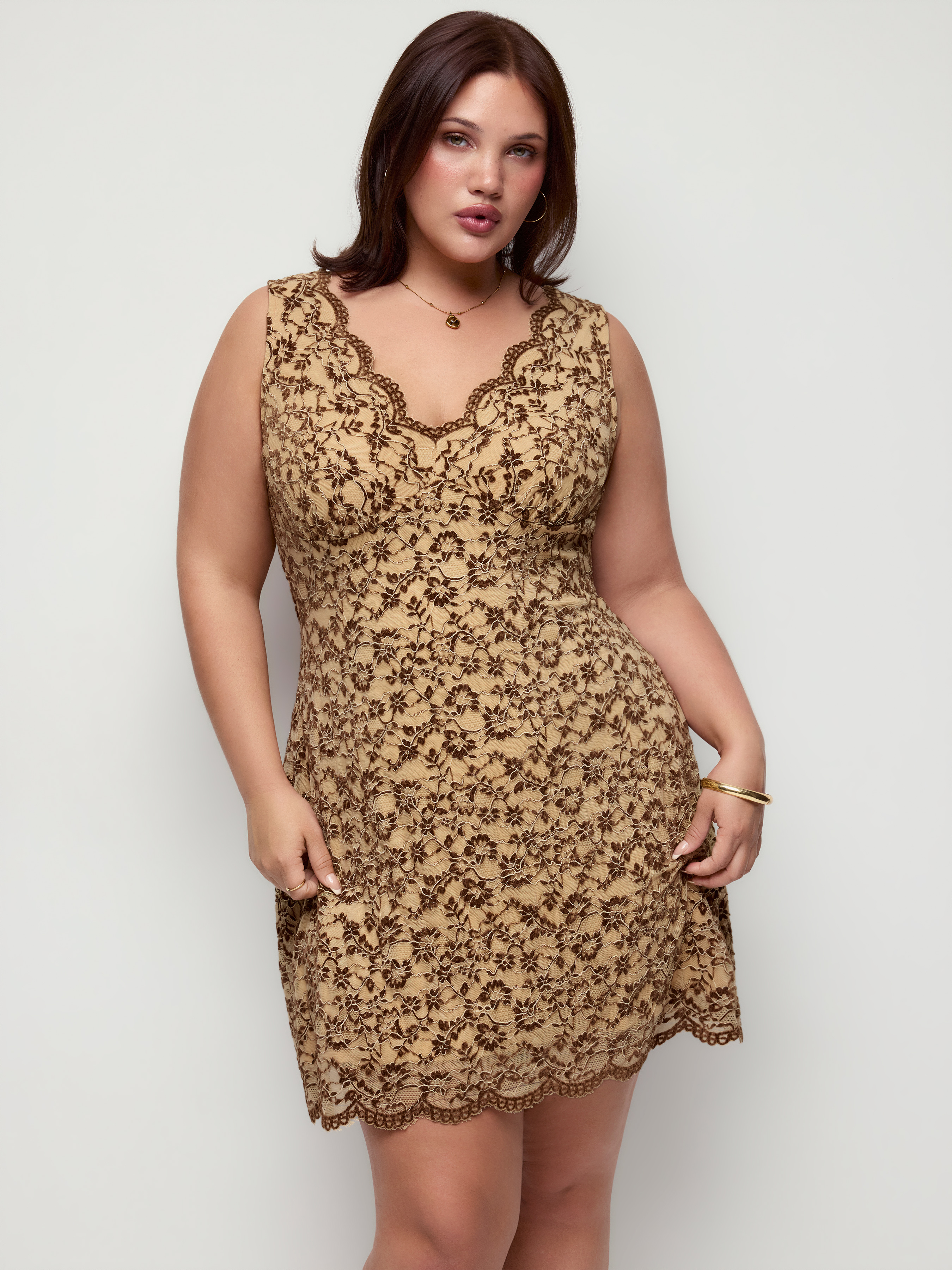 Flocking Lace V-neck A-line Mini Dress Curve & Plus