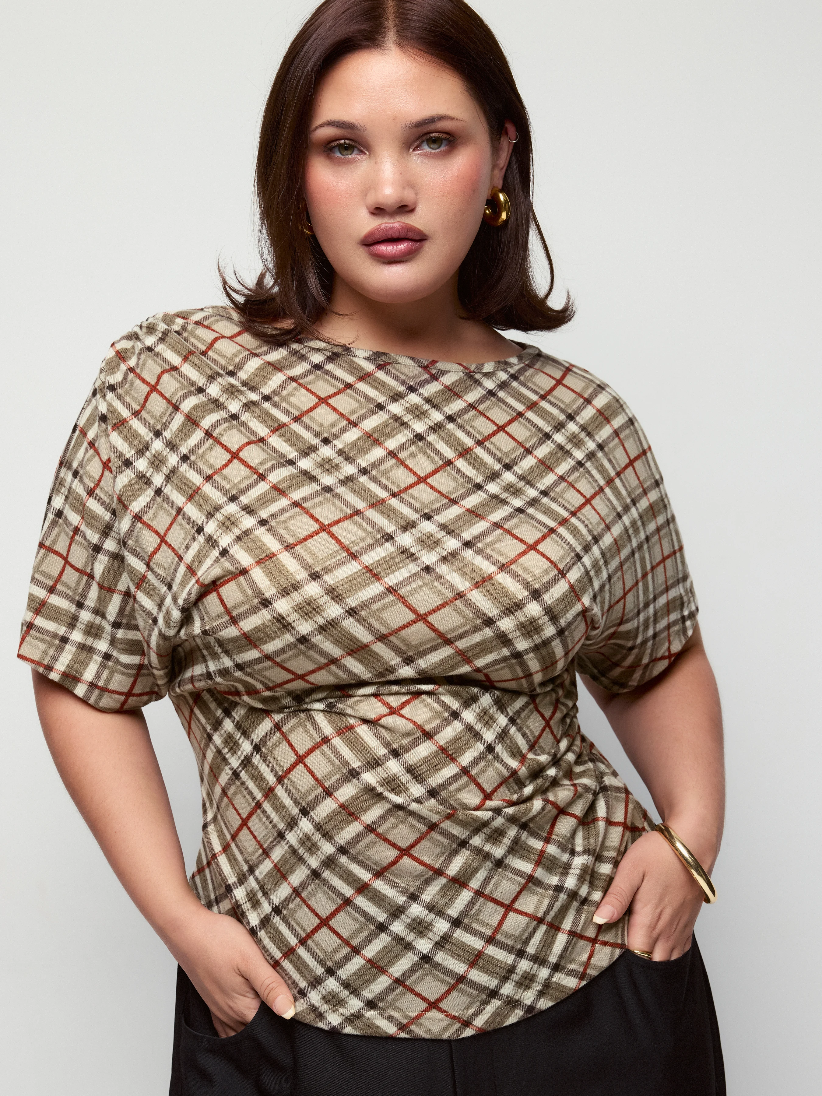 High Stretch Plaid Boat Neck Batwing Sleeve Ruched Tee Curve & Plus