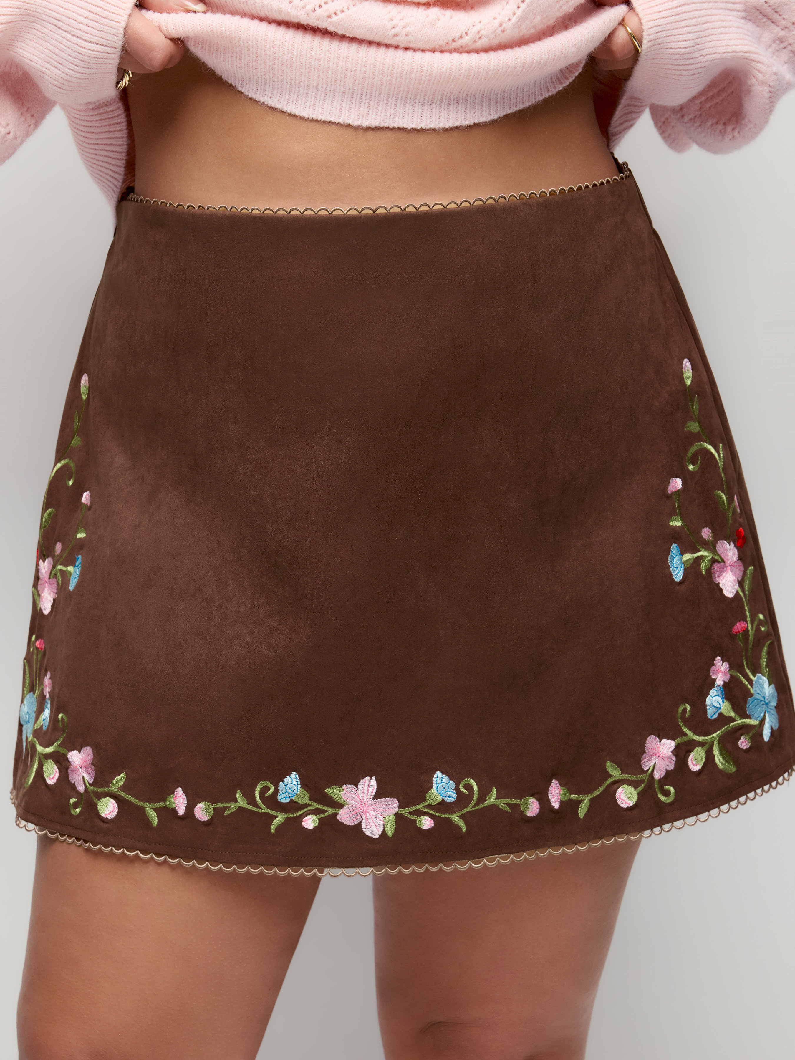 Suede Low Rise Floral Embroidery A-line Mini Skirt Curve & Plus