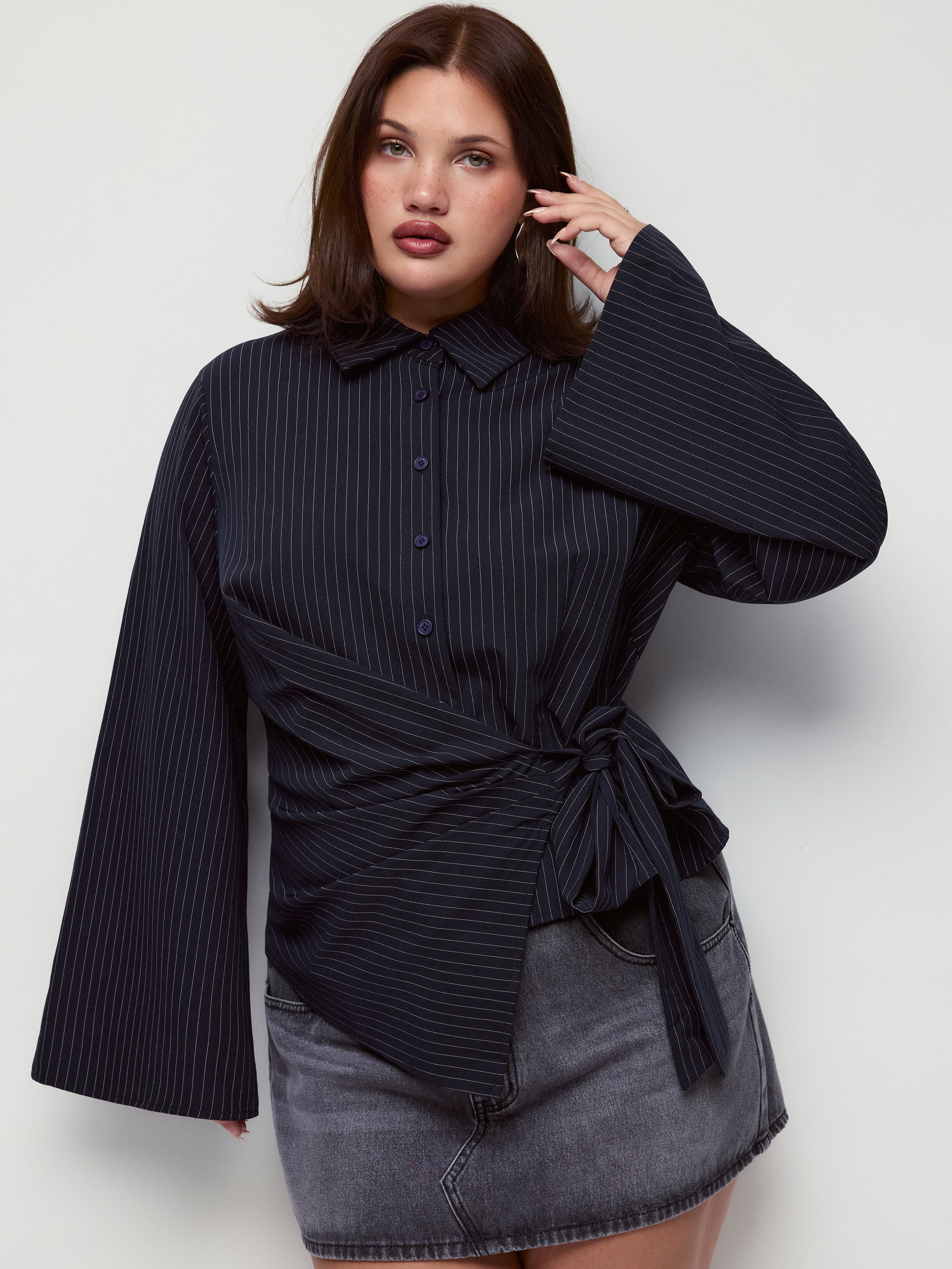 Collar Striped Wrap Side Knotted Bell Sleeve Blouse Curve & Plus