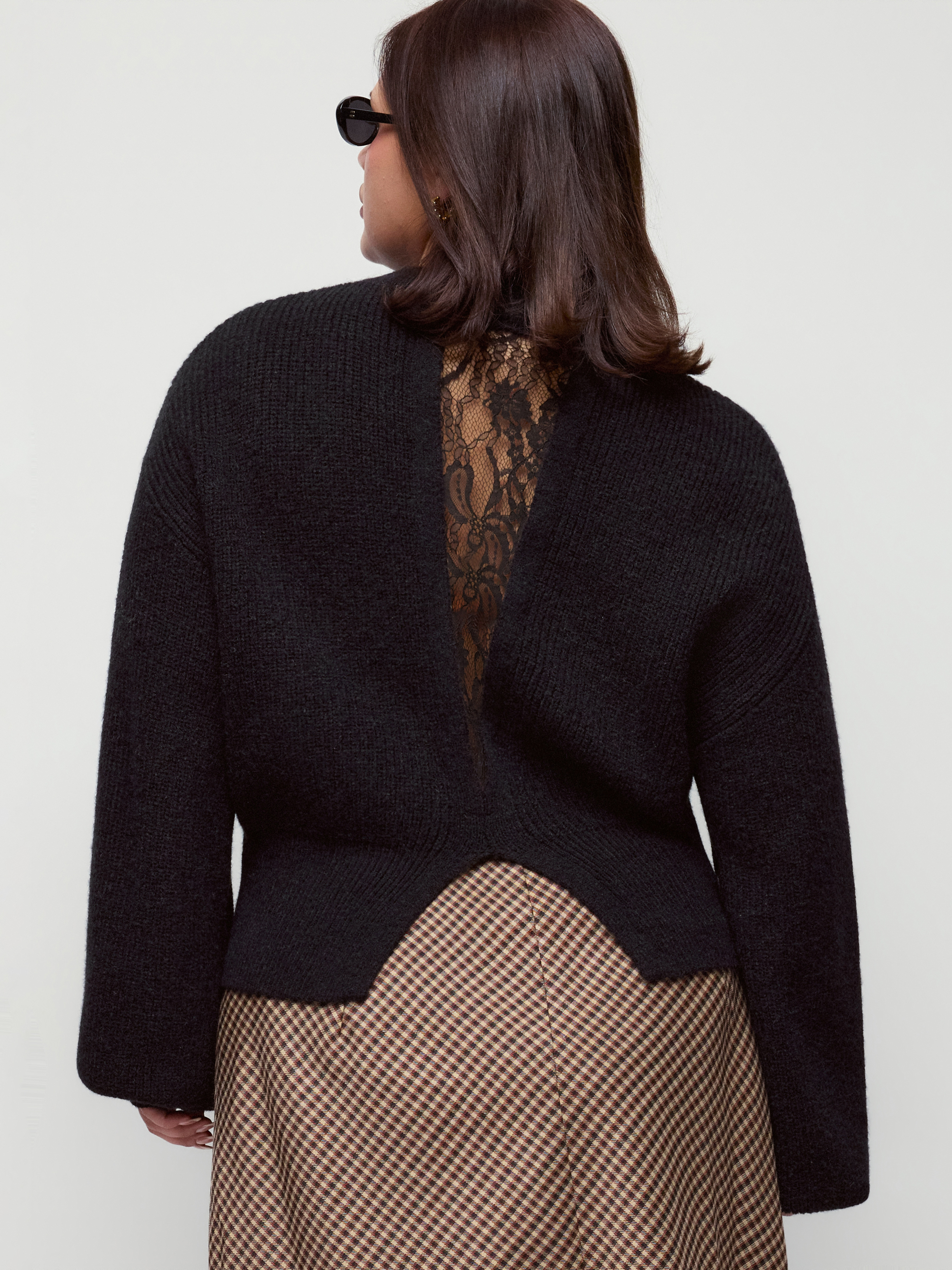 Knit Lantern Sleeve Lace Panel Split Sweater Curve & Plus