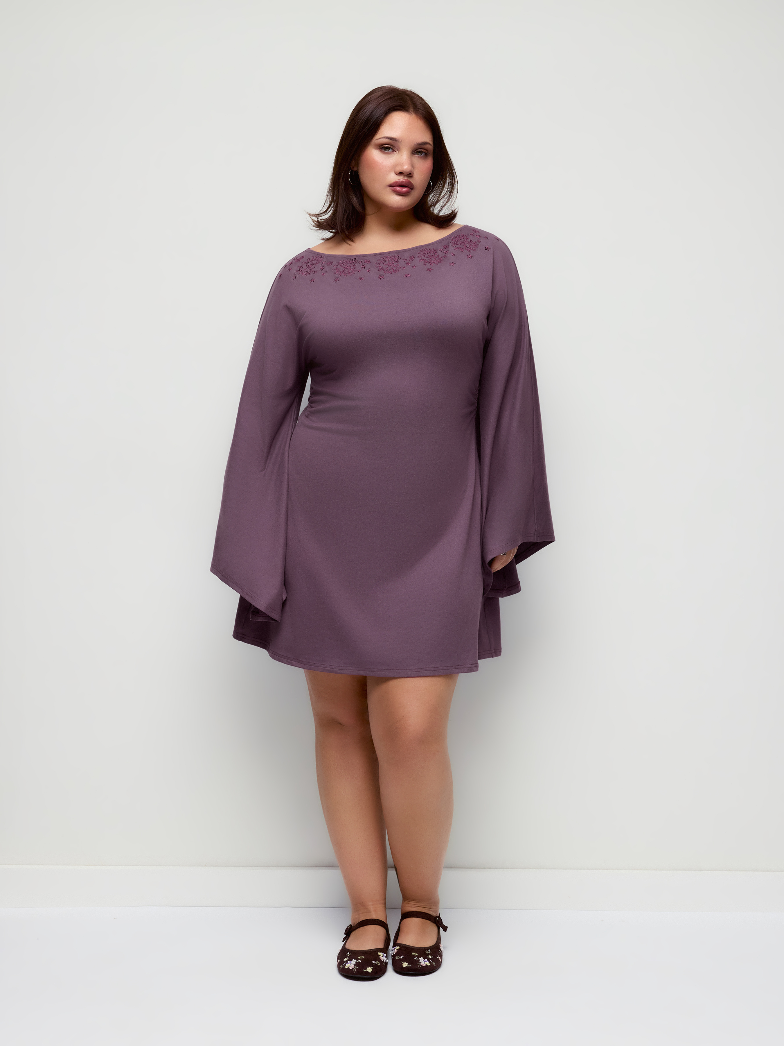 Embroidery Boat Neck Bell Sleeve Ruched A-line Mini Dress Curve & Plus
