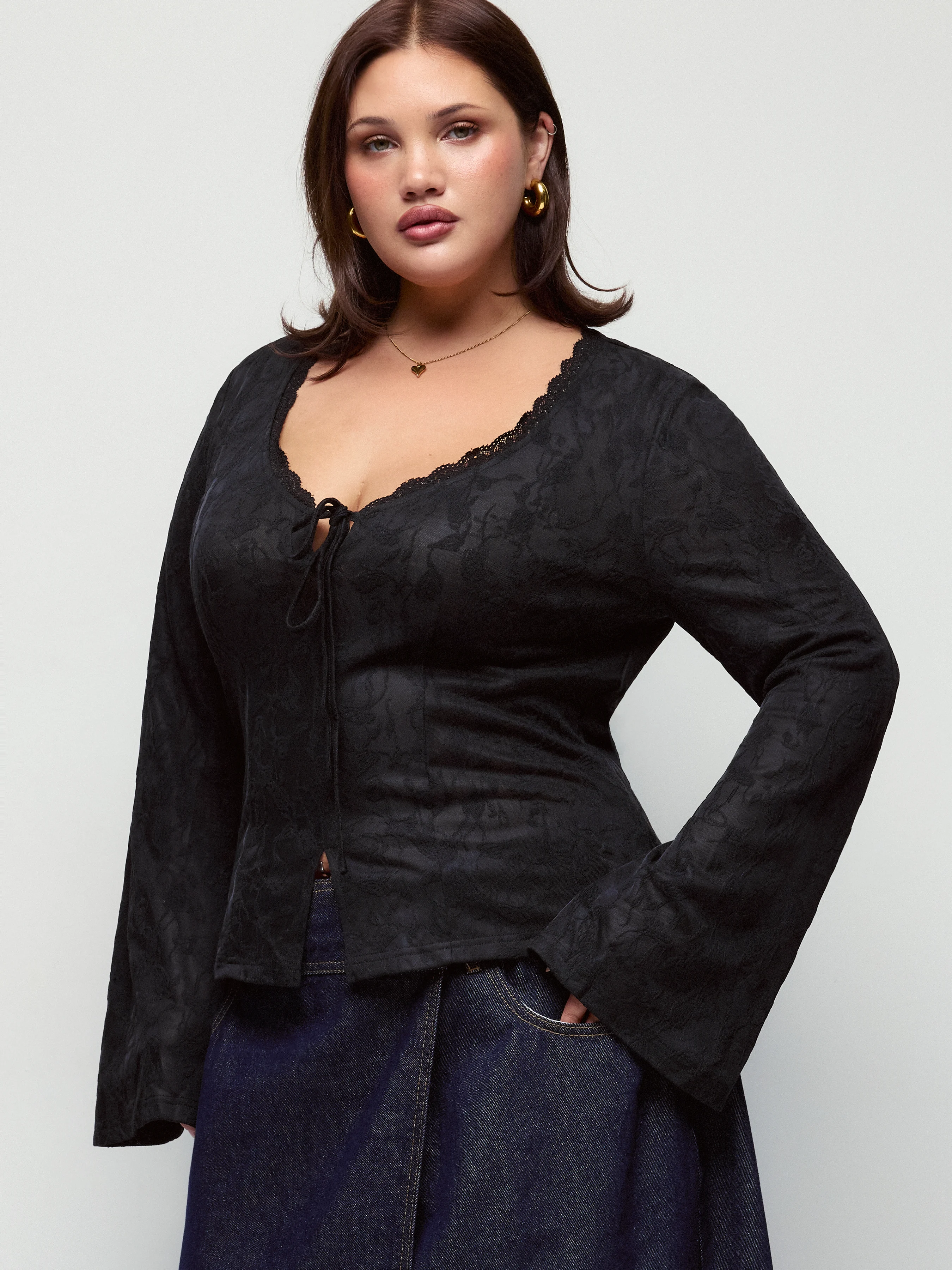 Textured Lace V-neck Bell Sleeve Tie Front Top Curve & Plus