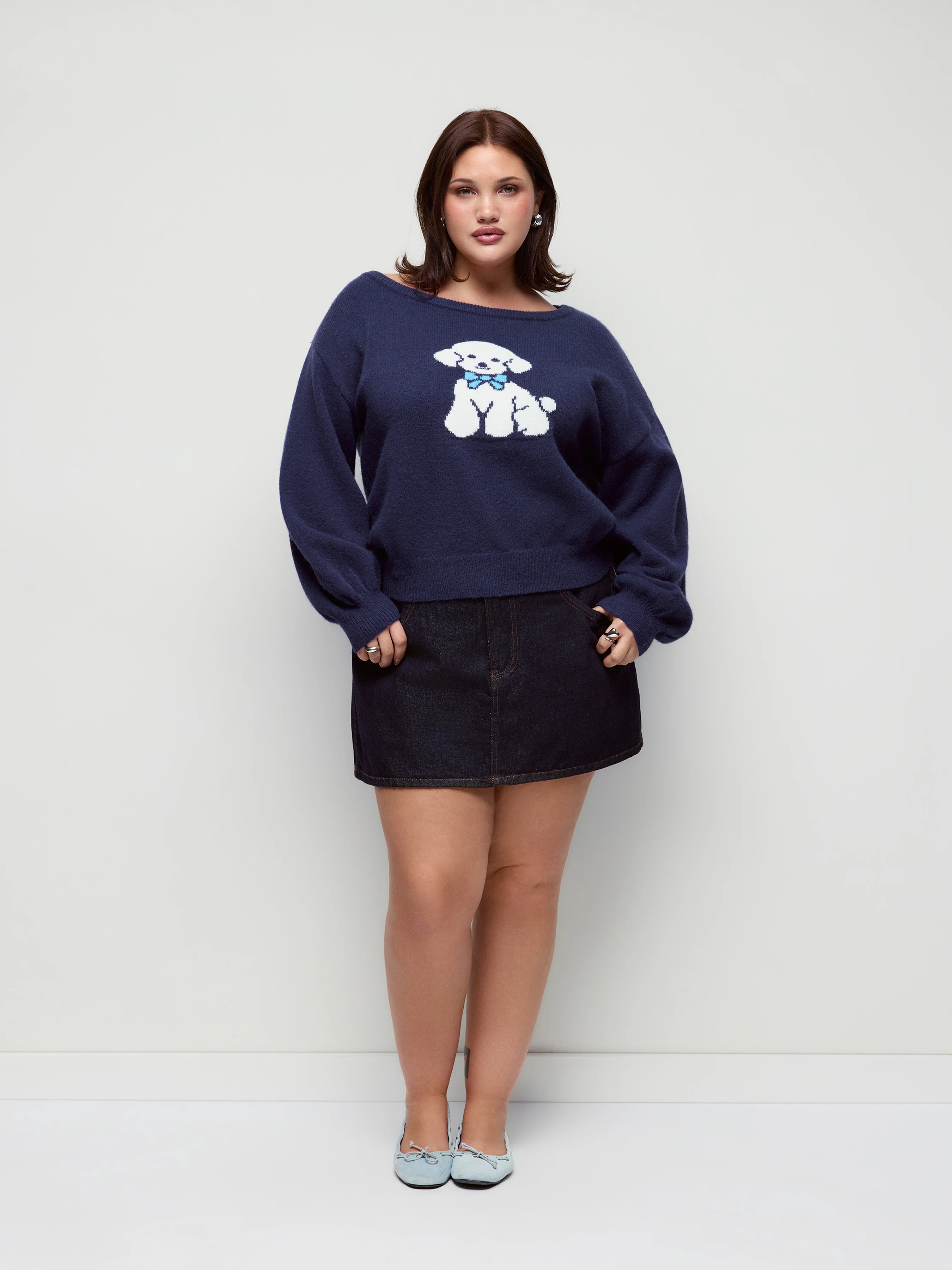 Knit Fabric Asymmetrical Neck None Knitted Long Sleeve Tops Curve & Plus