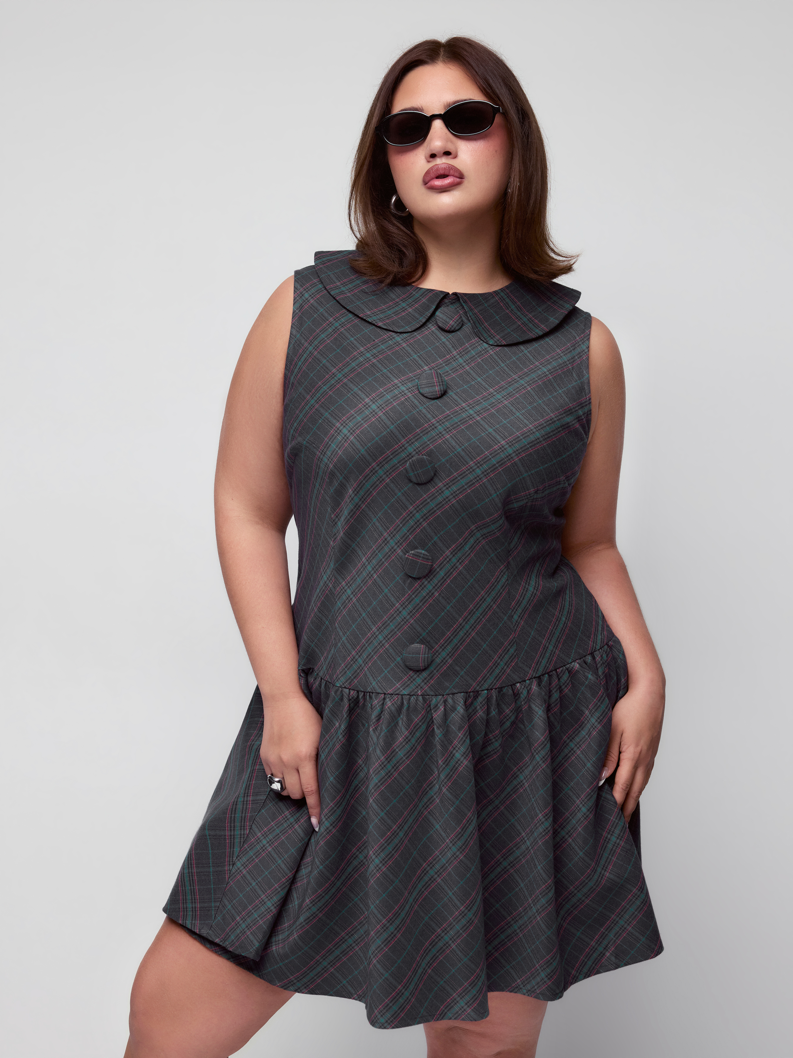 Plaid Peter Pan Collar Pleated Mini Dress Curve & Plus