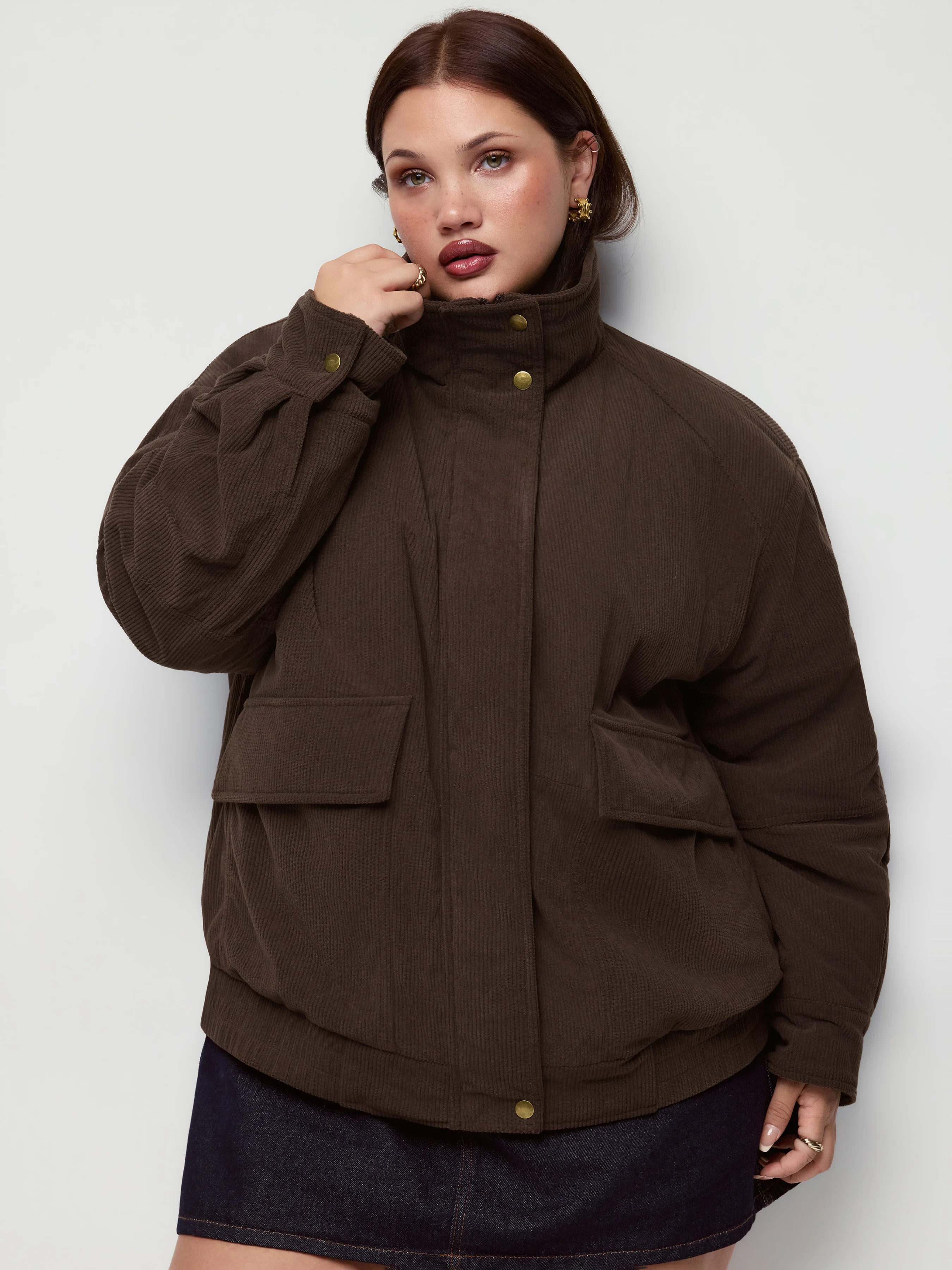 Corduroy Stand Collar Super Oversized Puffer Jacket Curve & Plus