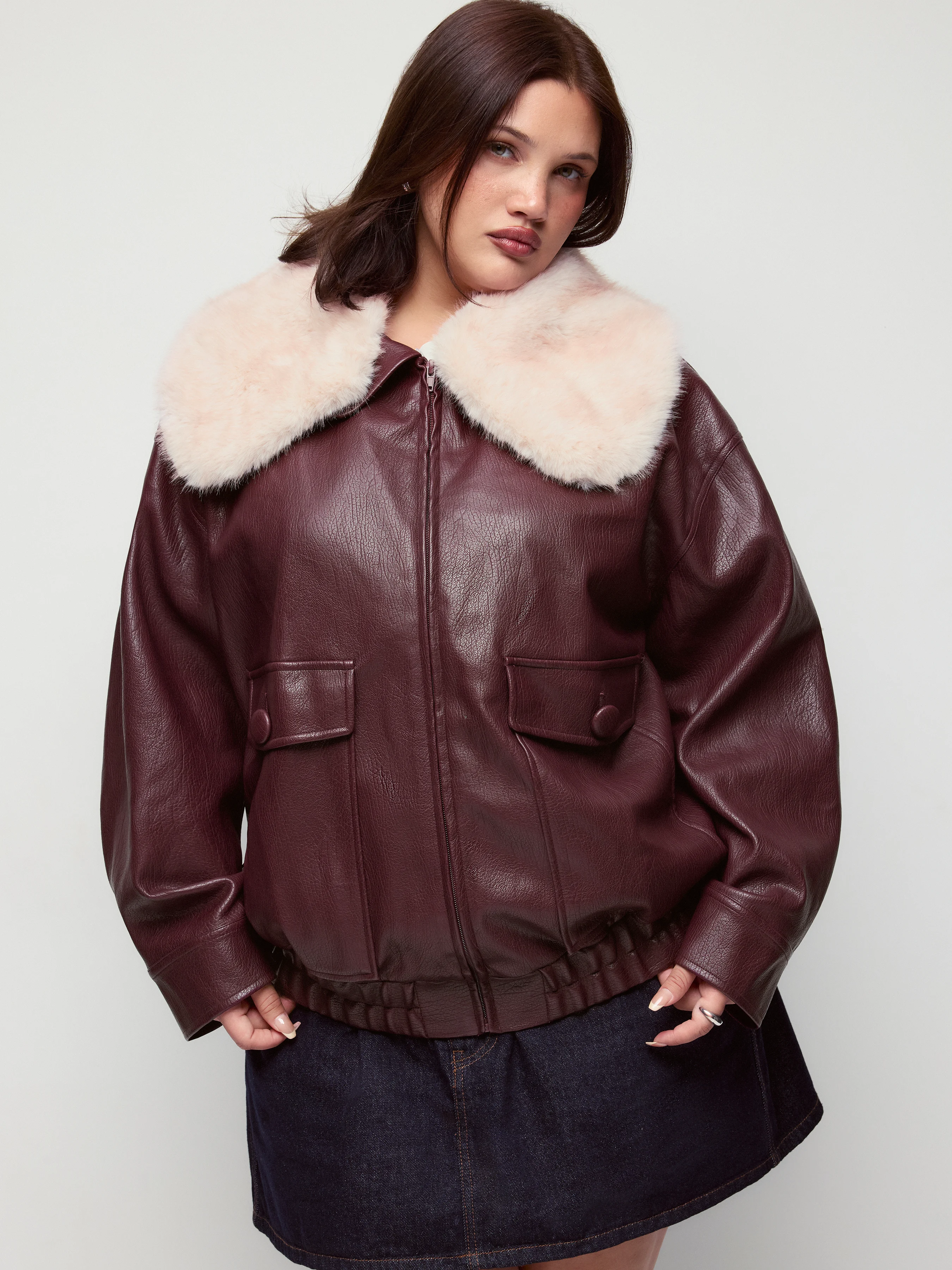 Faux Fur Trim Faux Leather Oversized Jacket Curve & Plus