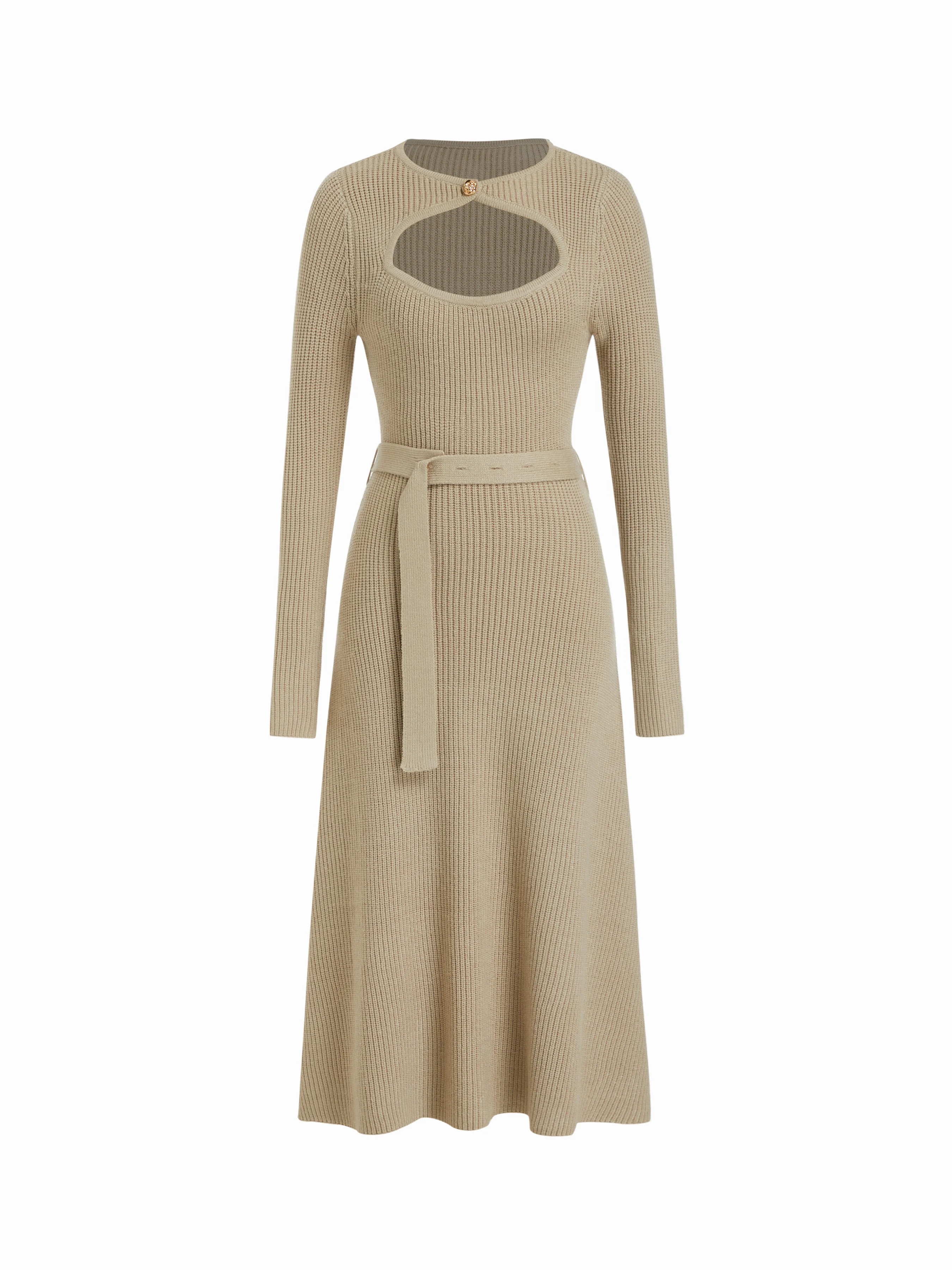 Knit Cut Out Metal Detail Long Sleeve A-line Maxi Dress With Belt